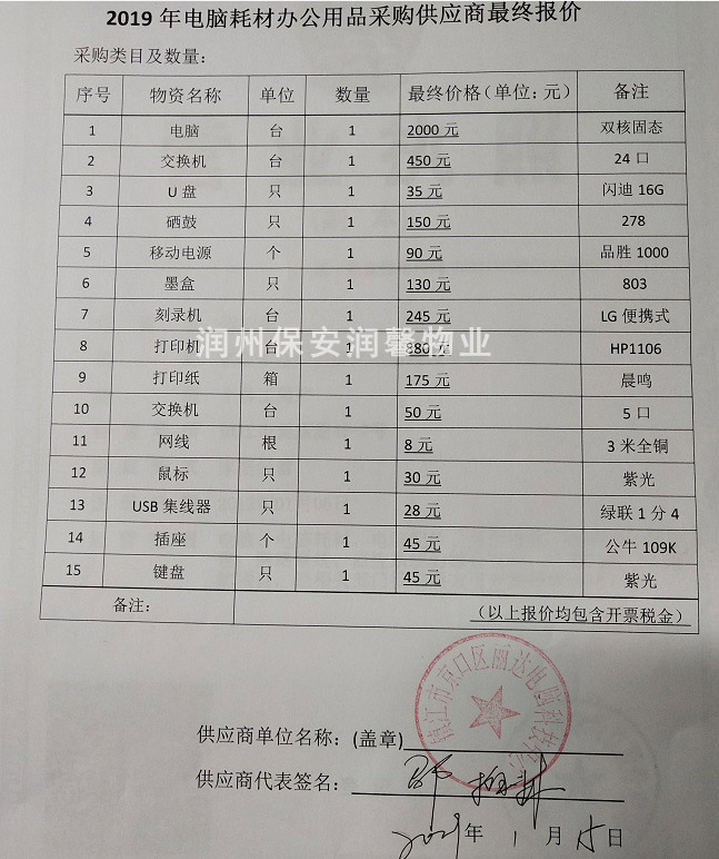 2019年电脑耗材办公用品采购成交公告