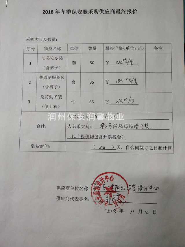 2018年冬季保安服采购成交公告